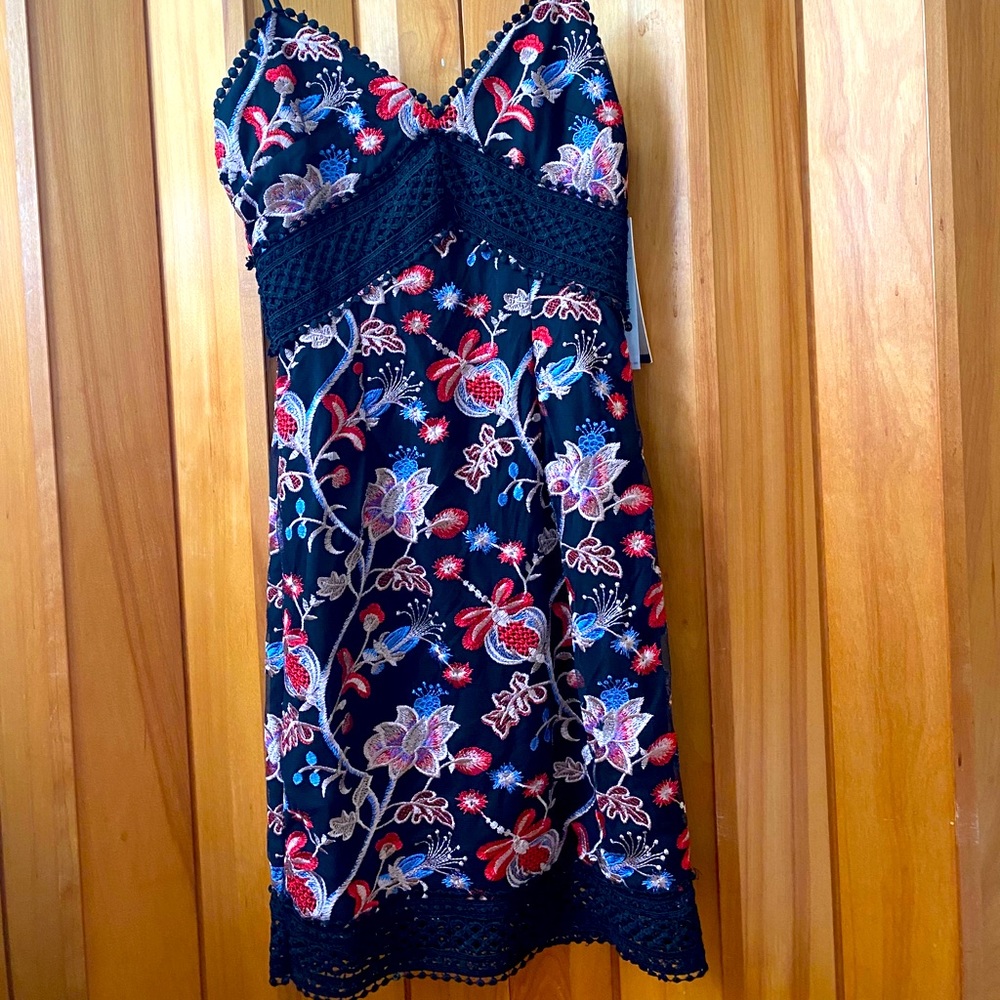 Aqua Sphagetti Strap XS short black dress with ornate floral embroidery